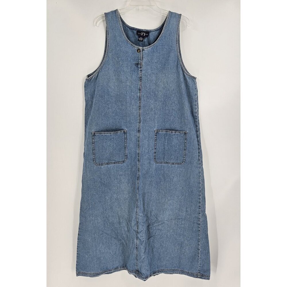 Vintage 90s Denim Maxi Dress Sleeveless Sz 16W Jumper Overall Pockets Cottage